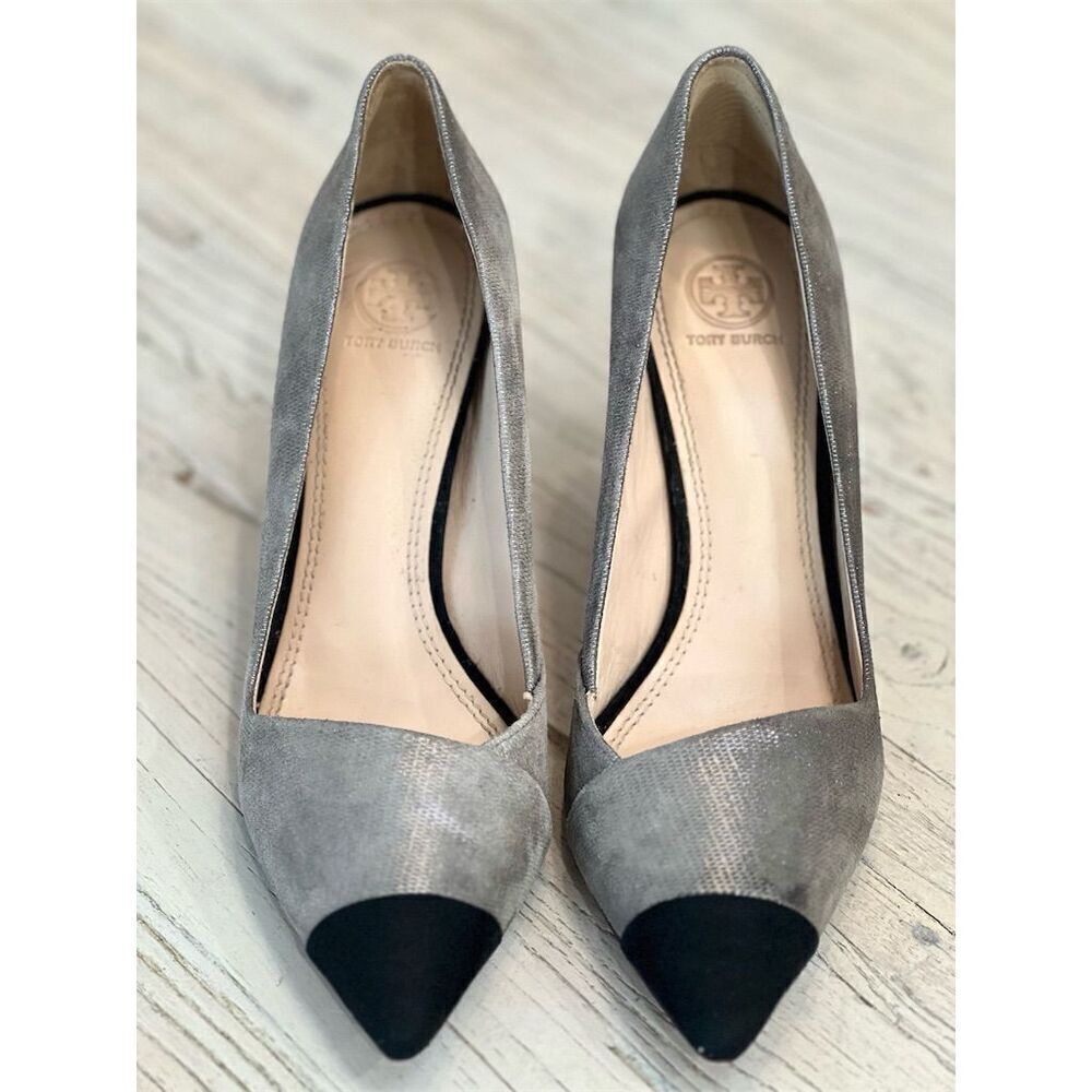 Tory Burch Shaila Heel Women's Pumps Gray Silver Black Cap Toe Size 9.5 - Picture 4 of 16